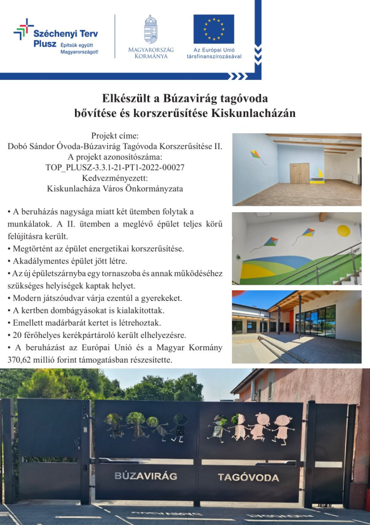 Eredménykommunikáció: Elkészült a Búzavirág tagóvoda bővítése és korszerűsítése Kiskunlacházán