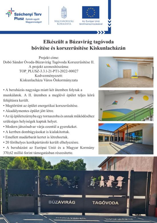 Eredménykommunikáció: Elkészült a Búzavirág tagóvoda bővítése és korszerűsítése Kiskunlacházán